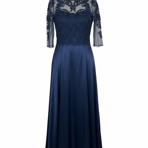 Teri Jon Dark Sapphire Lace Long Sleeve Prom Gown - Picture 3 of 6